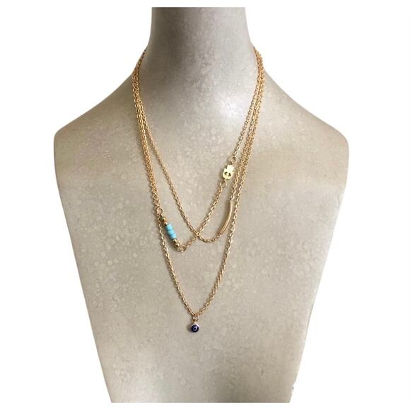 Multilayered Gold Tone Clavicle Chain Necklace Eye and Turquoise with Extender - Picture 1 of 6